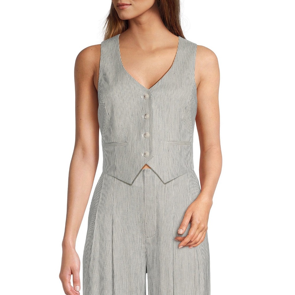 NWT ANTONIO MELANI Linen Blend Stripped Coordinating Melinda V-neck Vest Size 4